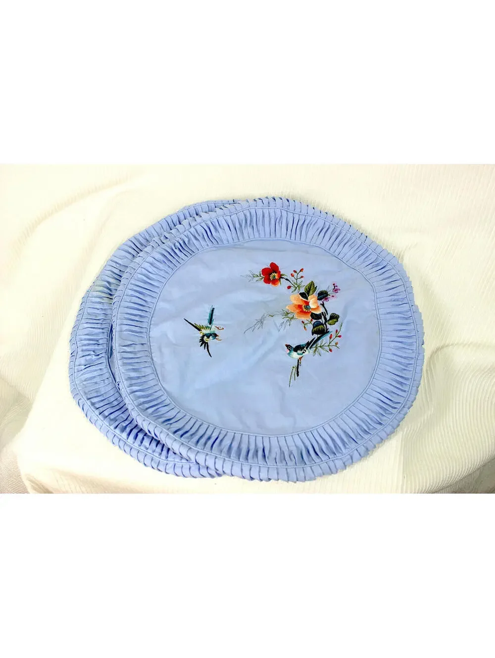 Vtg 50s Round Pillow Covers Set Pleated Cotton Silk Embroidery Hummingbird